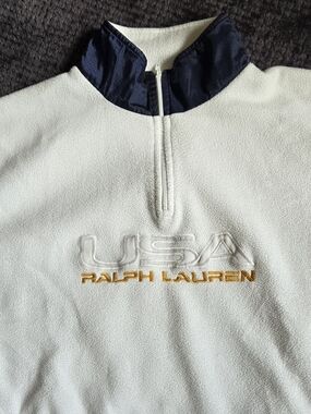 ​Vtg Ralph Lauren Polo Sport USA Fleece 1/4 Zip Pullover White Navy Made in USA